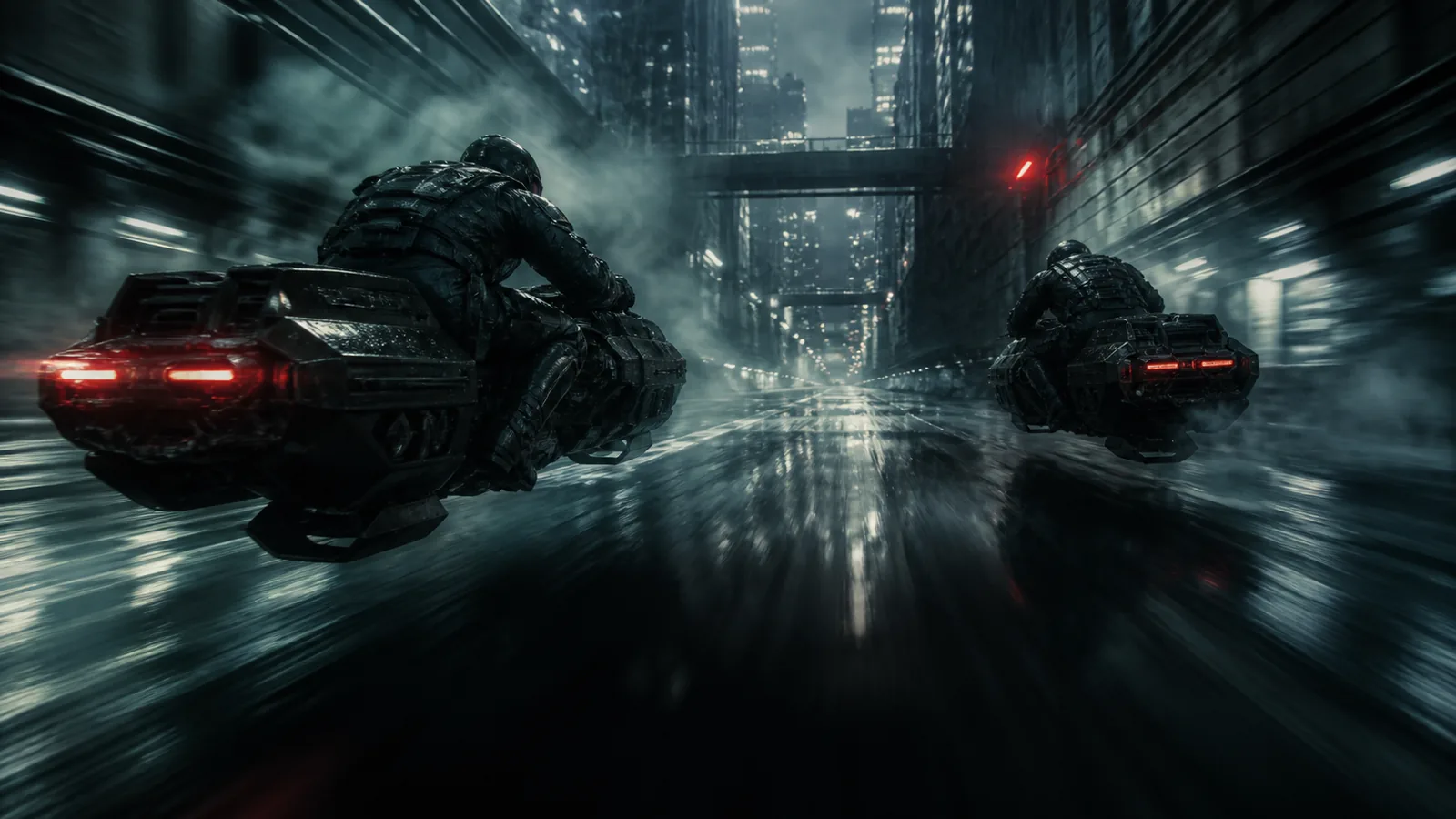 Cinematic blue-lit scene with a filmmaker looking across a futuristic landscape
